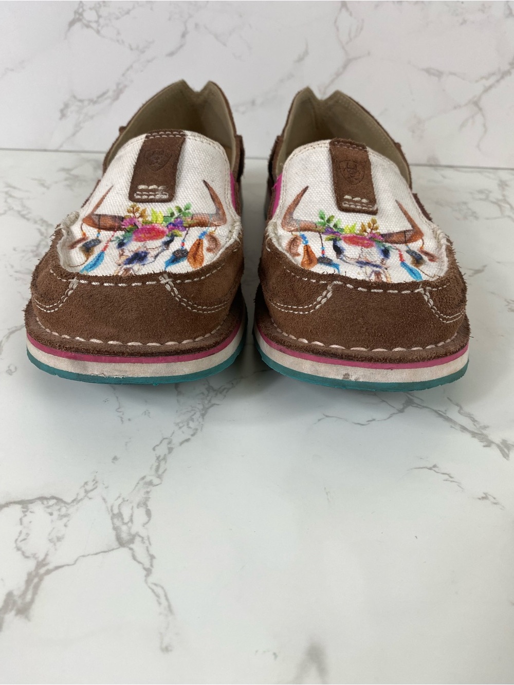 Ariat Brown, Pink & White Floral Bull Skull Slip-On Moccasins - Picture 2 of 8